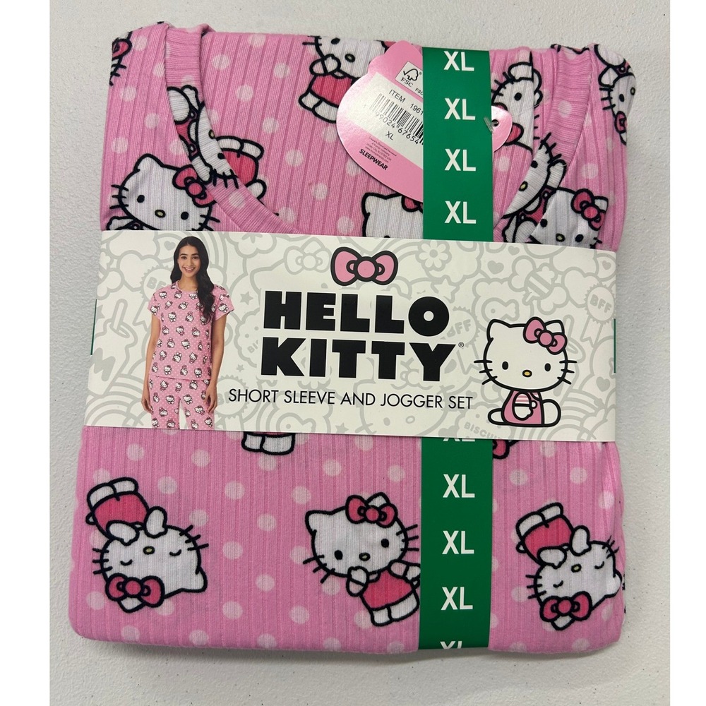 Hello Kitty Pink Polka Dot Ribbed Short Sleeve and Jogger Pajama Set XL 1961336